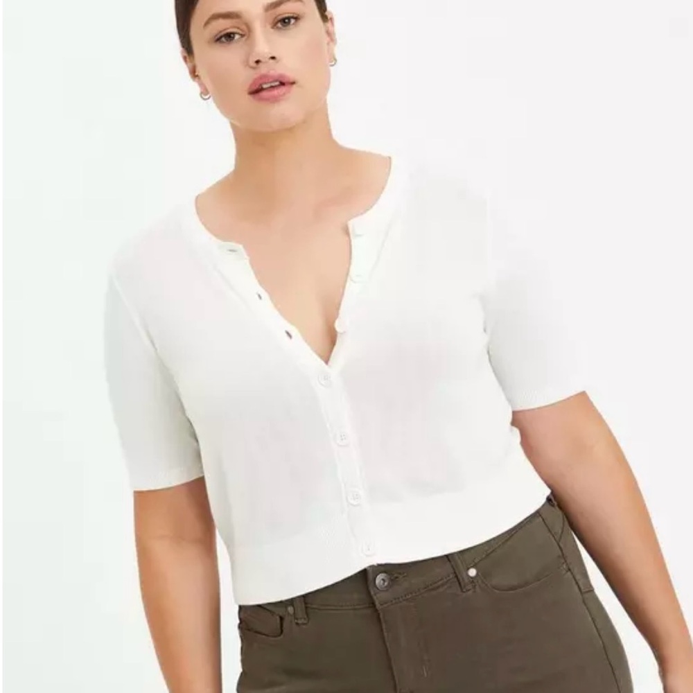 Torrid White Cardigan Cropped Chiffon Back Sweater
